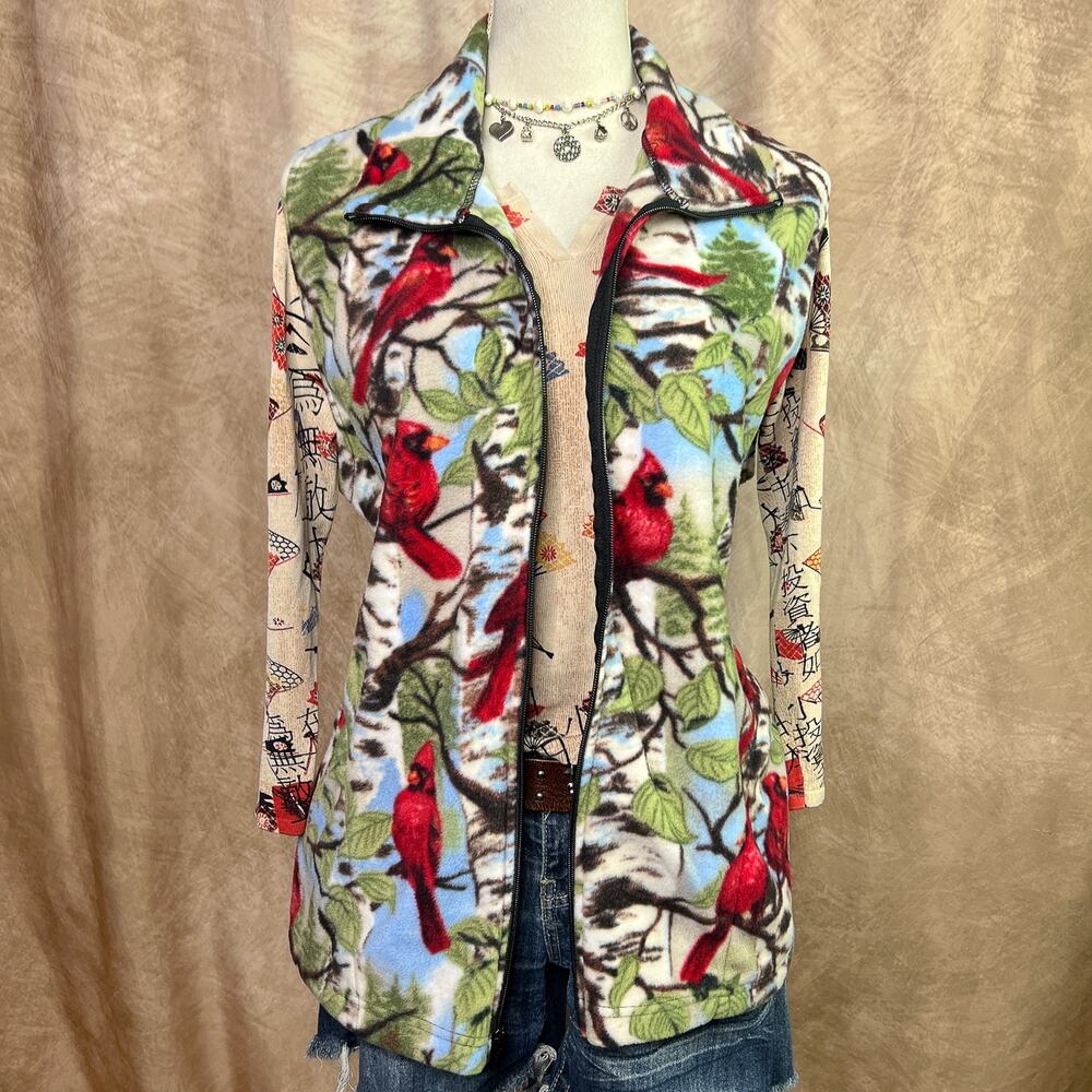 Vintage Cardinal Fleece Vest Forest Bird Print High Neck Zip Up Multicolor Fall